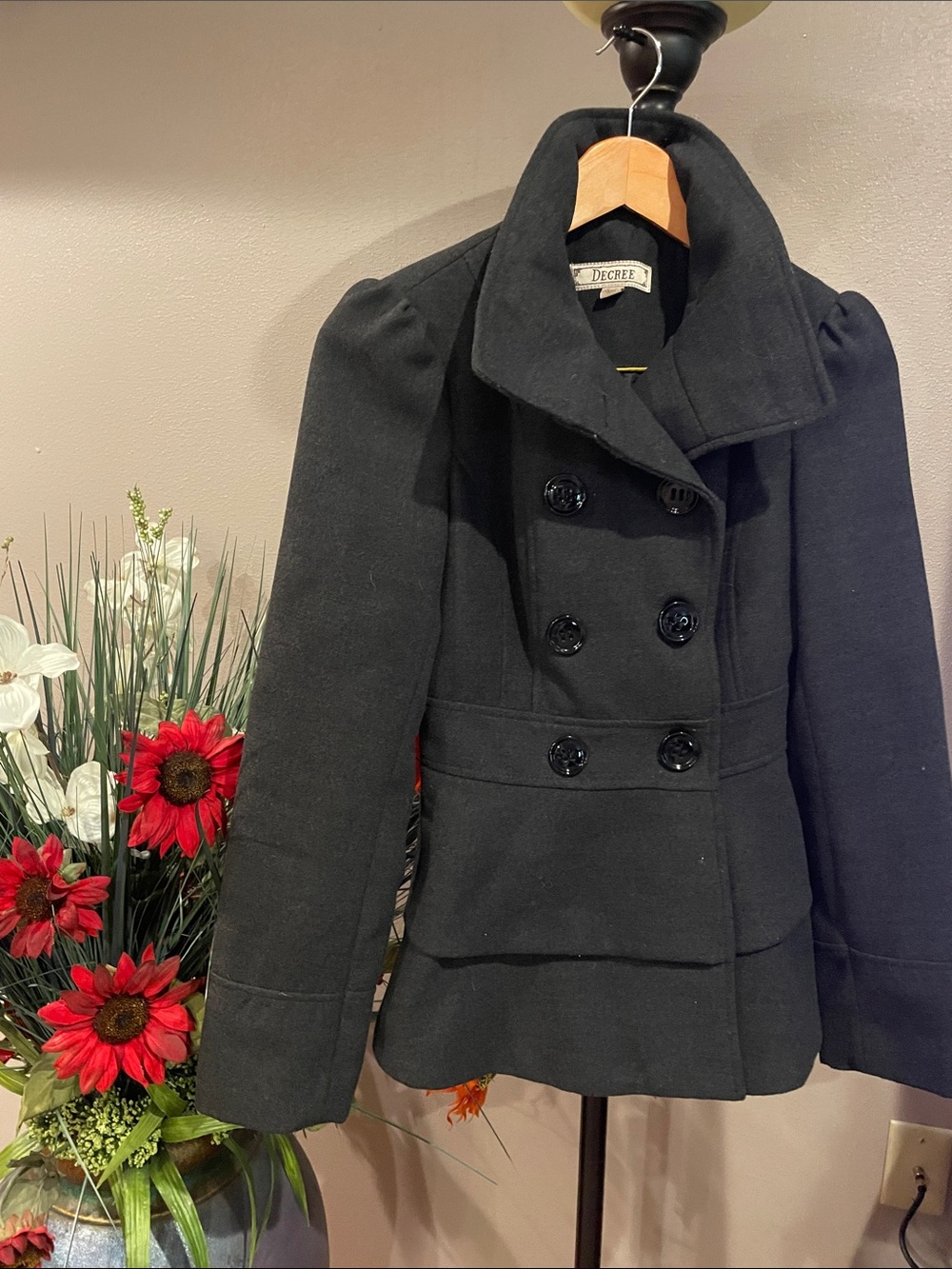 Decree Black Double-Breasted Pea Coat with Puff Shoulders